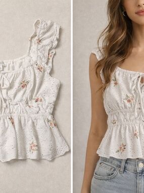 Smocked Eyelet Floral Tie-Front Camisole - White